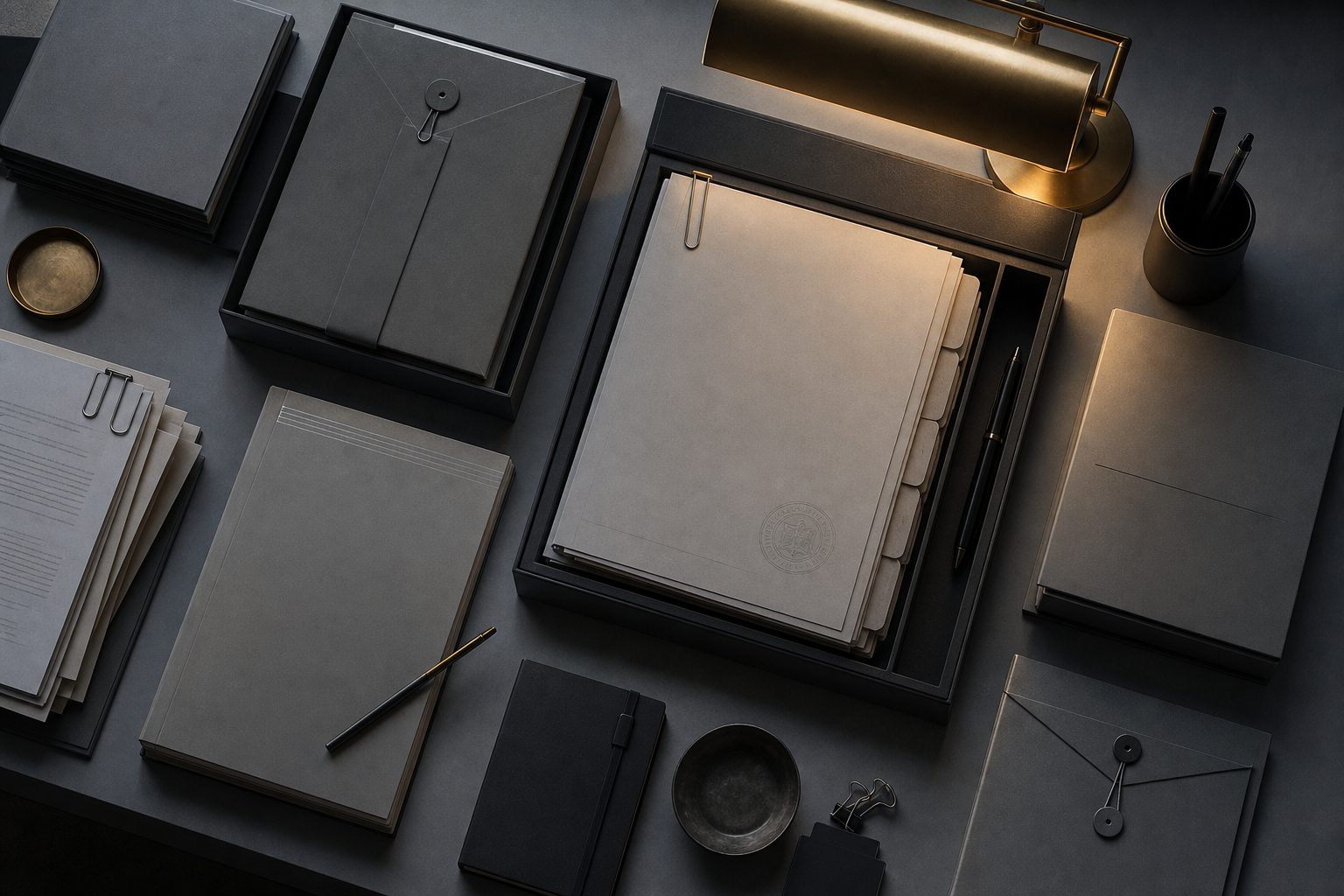 Vista superior de documentos oficiais organizados sobre uma mesa cinza, iluminados por uma luminária dourada.