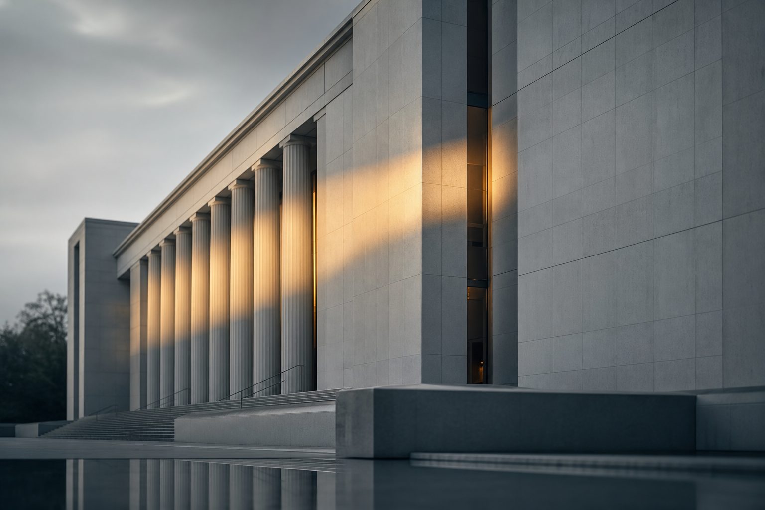 Fachada de um edifício público neoclássico atravessada por um facho de luz dourada.