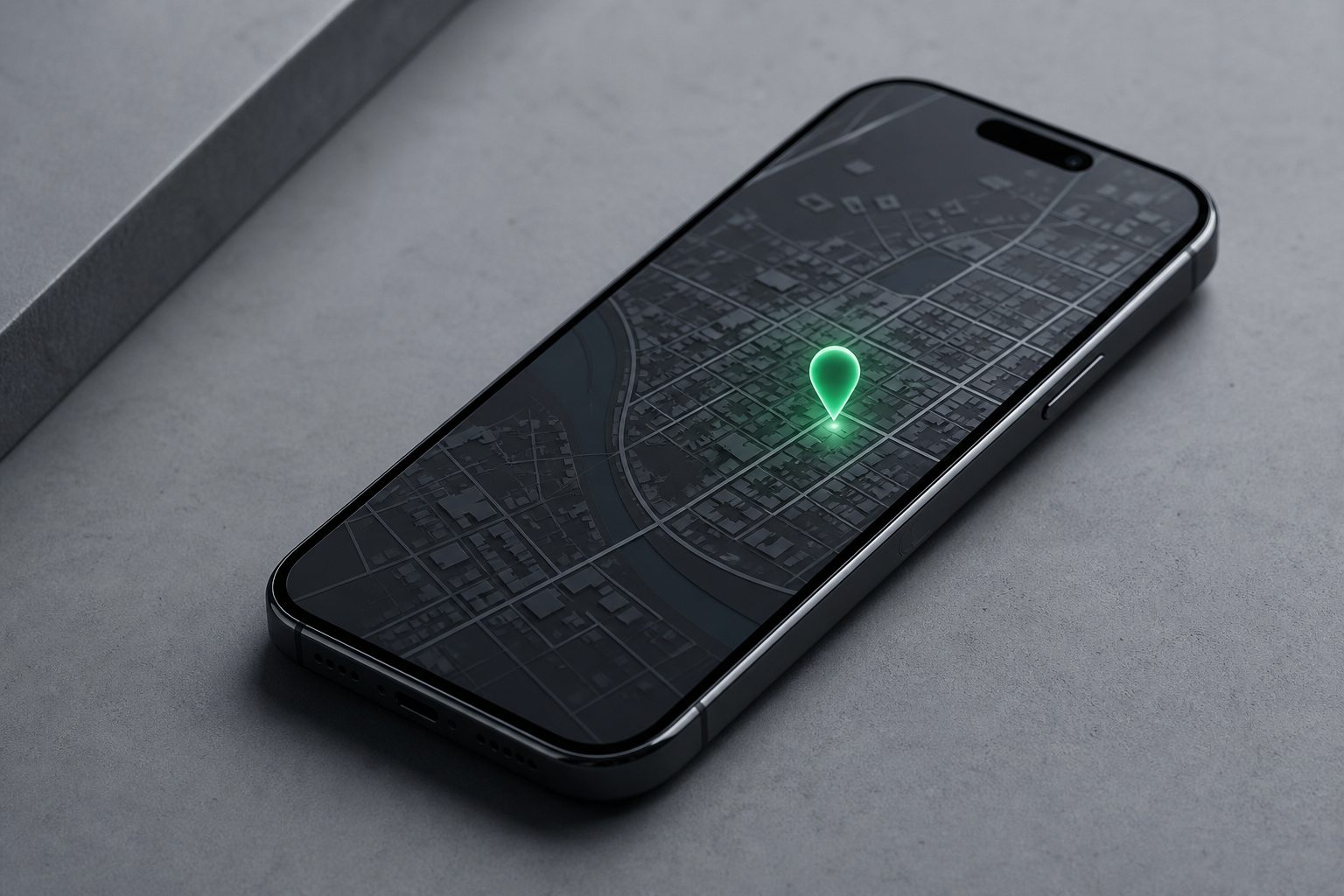 Celular apoiado numa superfície cinza mostrando um mapa escuro com um único alfinete verde que marca o ponto exato do problema na rua